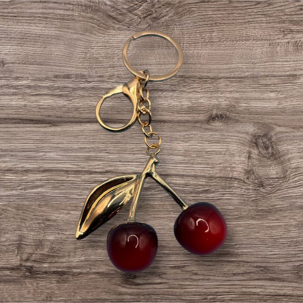 Red Cherry Keychain Gold Tone Fruit Bag Charm Lobster Clasp Accessory